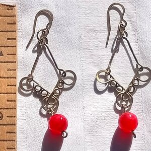 Handmade metal red stone dangle earrings Mexican jewelry new